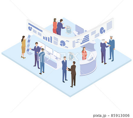 グローバルな展示会で商談をするビジネスパーソンのアイソメイラスト 85913006