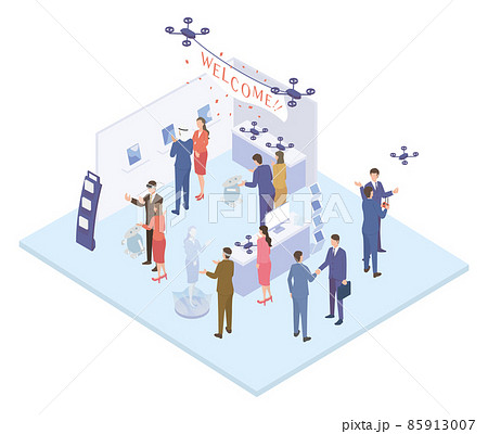 展示会でグローバルな商談をするビジネスパーソンのアイソメイラスト 85913007