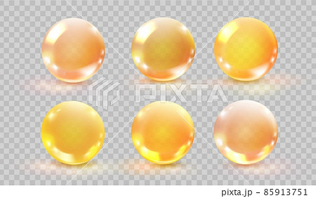 Collagen oil balls. 3d golden bubble cosmetic capsul glass sphere liquid serum, essence drop hair, droplet organic transparent pills olive fish gel, pearl ball 85913751