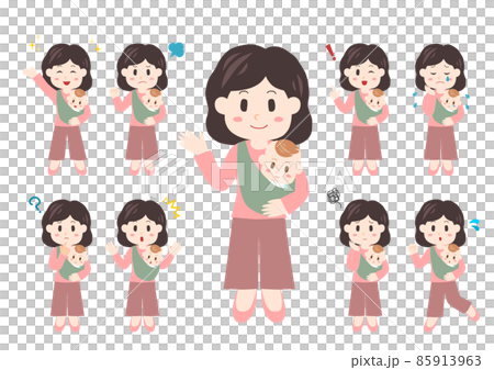 People Illustration Full Body Set: Young Female and Baby People Illustration Full Body Set: Young Female and Baby 85913963