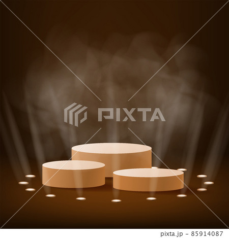 Podium stage with rays of spotlights for Award ceremony Winner with smoke. Gold platform concept. Vector illustration Podium stage with rays of spotlights for Award ceremony Winner with smoke. Gold platform concept. Vector illustration 85914087