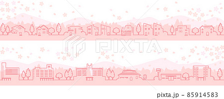 桜の咲く春の街並みのイラスト（線画） 85914583