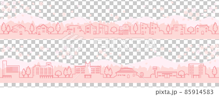 桜の咲く春の街並みのイラスト（線画） 85914583