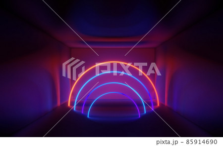 3d render of RGB neon light on darkness background. Abstract Laser lines show at night. Ultraviolet spectrum beam scene 85914690