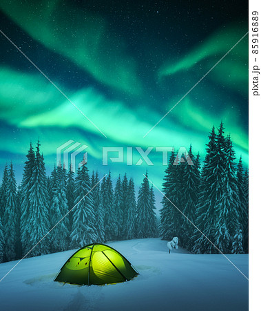 Yellow tent against the backdrop of incredible starry sky 85916889