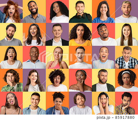 Many people portraits in collage over bright color studio backgrounds. Diversity concept 85917880