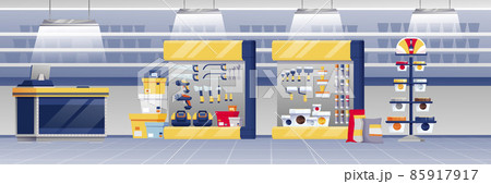 Hardware shop interior design background. Store with counter, stands with paint, toolkits, saws, hammers, screwdrivers vector illustration. Tools and materials assortment panorama 85917917