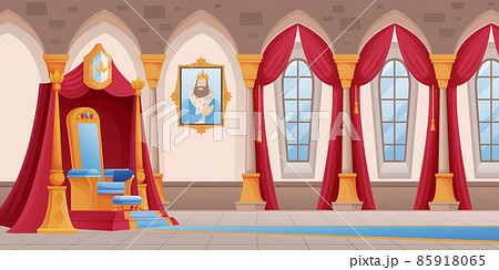 Castle room with throne background. Royal kingdom hall with carpet, seat, windows, curtains, picture of king in frame vector illustration. Interior design, horizontal view Castle room with throne background. Royal kingdom hall with carpet, seat, windows, curtains, picture of king in frame vector illustration. Interior design, horizontal view 85918065