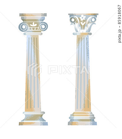 Two Ancient Roman or Greek column set. Decorative architecture elements for temple, cathedral, museum or building vector illustration. Antique sculpture on white background 85918067