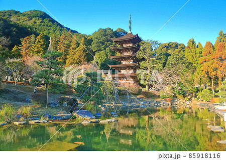【山口県】快晴下の瑠璃光寺五重塔と塔影の池 【山口県】快晴下の瑠璃光寺五重塔と塔影の池 85918116