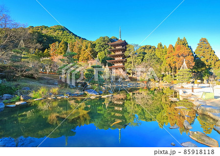 【山口県】快晴下の瑠璃光寺五重塔と塔影の池 85918118