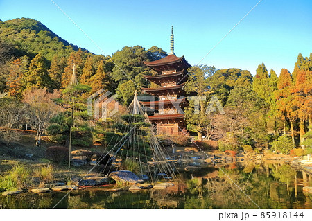 【山口県】快晴下の瑠璃光寺五重塔と塔影の池 85918144