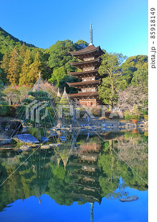 【山口県】快晴下の瑠璃光寺五重塔と塔影の池 【山口県】快晴下の瑠璃光寺五重塔と塔影の池 85918149