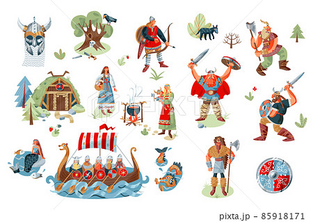 Viking characters and objects set. Medieval Norway people and mythology vector illustration. Ship with warriors, women, men with nordic swords, house, fantasy elements on white background 85918171