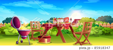 Cartoon BBQ party on backyard with cooking grill Cartoon BBQ party on backyard with cooking grill 85918347
