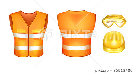 Realistic safety vest with construction helmet and protective glasses 85918400