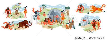 Cavemen in Stone Age set. Prehistoric ancient history vector illustration. People hunting, cooking food on fire, family with primitive tools. Savage hunters with animals in nature 85918774