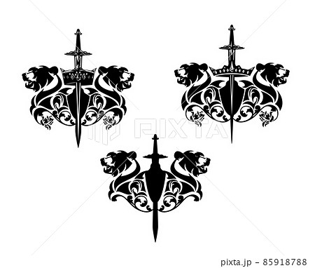 Wild Bear Head With King Crown Sword And Roses Stock Illustration