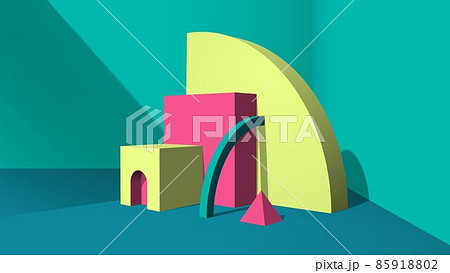 Abstract yellow 3D objects or elements installation in the green room for a booklet of banner. Abstract yellow 3D objects or elements installation in the green room for a booklet of banner. 85918802