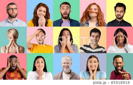 Collage of diverse men and women expressing different emotions 85918919