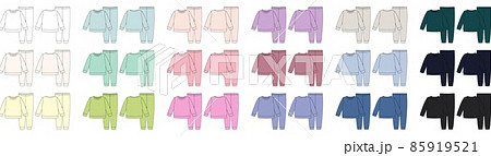 Set of apparel pajamas technical sketch. Colored childrens cotton sweatshirt and pants. Kids outline nighwear design template collection. Set of apparel pajamas technical sketch. Colored childrens cotton sweatshirt and pants. Kids outline nighwear design template collection. 85919521