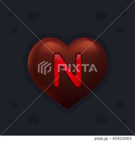 Realistic dark chocolate heart with marmalade letter N inside. Valentines day decoration element for design banner, card or any advertising 85920065