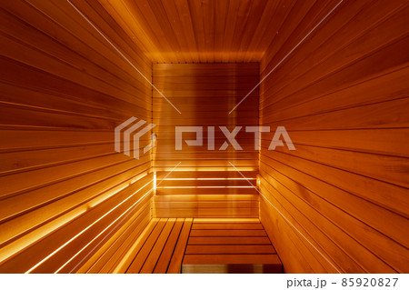Modern Finnish Sauna interior. Full frame wooden planks background in empty spa room. Healthy lifestyle concept 85920827