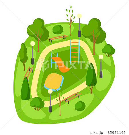 Illustration of beautiful summer or spring city park. Urban public space with playground and trees for walking. Illustration of beautiful summer or spring city park. Urban public space with playground and trees for walking. 85921145