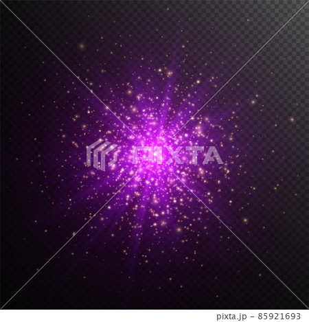 Purple star explosion with yellow sparkles, cosmic starburst, vector light effect. 85921693