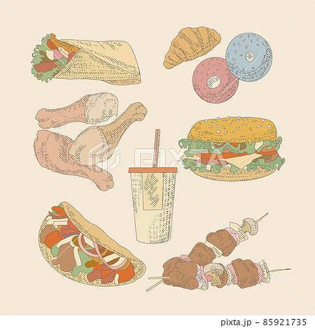 A collection of fast food in the style of an engraved sketch 85921735
