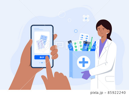 Human hand holding smartphone for online order of medicines. An Indian pharmacist with medical purchases. Online pharmacy, delivery drugs, prescription medicines order. Vector flat illustration. 85922240