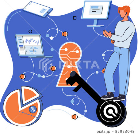 Man works with personal data protection. Key in keyhole as security system symbol, computer network 85923048