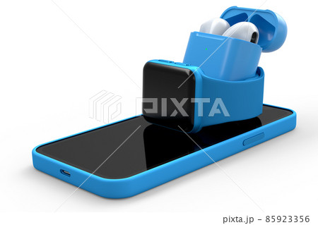 Mockup of smart watches and wireless bluetooth headphones lying on smartphone. 85923356