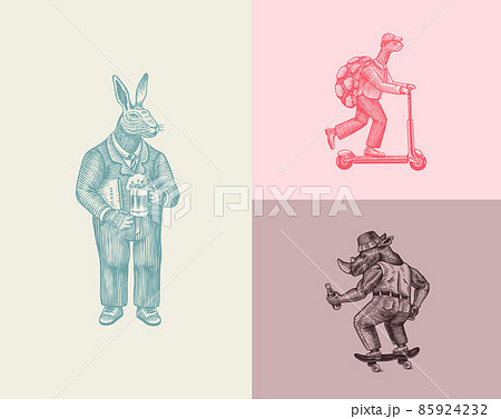 Turtle on a scooter. Rhinoceros on scooter and skateboard. Hare. Fashion Animal characters set. Hand Turtle on a scooter. Rhinoceros on scooter and skateboard. Hare. Fashion Animal characters set. Hand 85924232