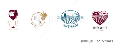 Wine, vineyard, organic natural winery logo collection. Vineyard field and grapes symbols and icons Wine, vineyard, organic natural winery logo collection. Vineyard field and grapes symbols and icons 85924884