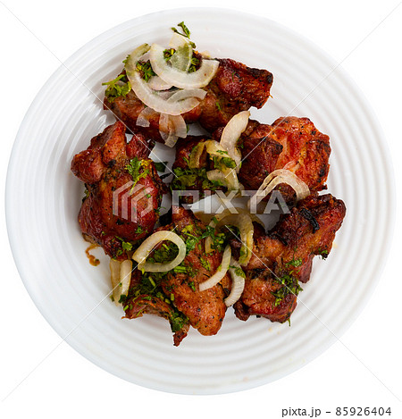 Pork shashlik with onion, greenery and lavash Pork shashlik with onion, greenery and lavash 85926404