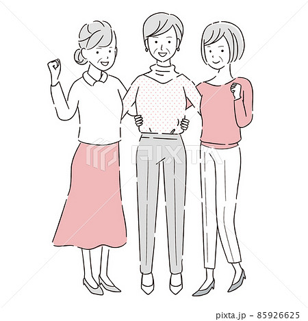 手描き1color 3人の女性シニア ガッツポーズ 全身 手描き1color 3人の女性シニア ガッツポーズ 全身 85926625