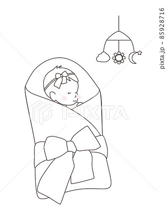 かわいい赤ちゃんのイラスト おくるみの中ですやすや眠る赤ちゃん 線画のイラスト素材