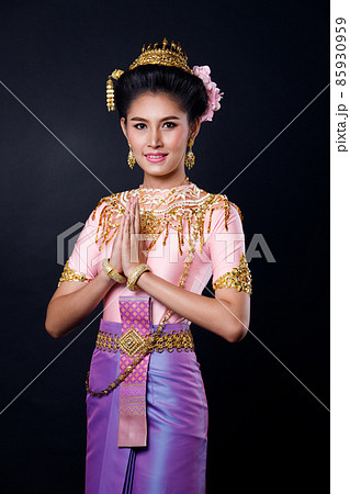 Loykrathong Dress of Thai Traditional Costume or South East Asia gold Dress in Asian Woman Loykrathong Dress of Thai Traditional Costume or South East Asia gold Dress in Asian Woman 85930959