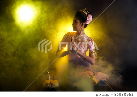 Loykrathong Dress of Thai Traditional Costume or South East Asia gold Dress in Asian Woman 85930963