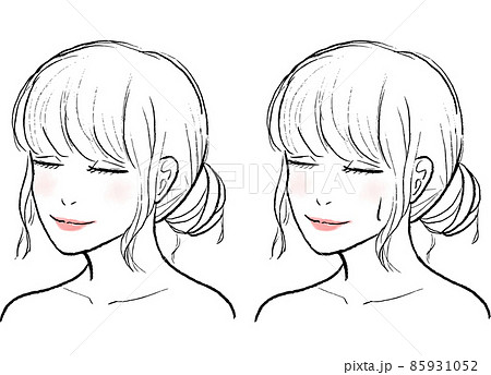 サウナで汗をかく目を閉じたロングヘアの女性。女性は下を向いている。 85931052