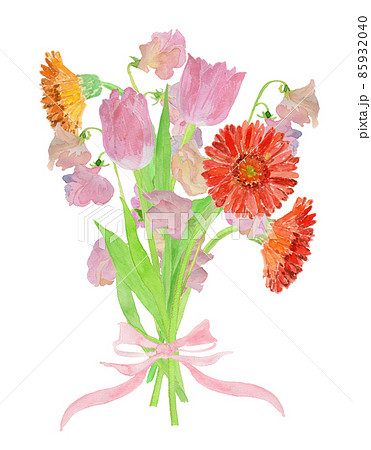 チューリップ スイトピー ガーベラの春の花束の水彩イラストのイラスト素材