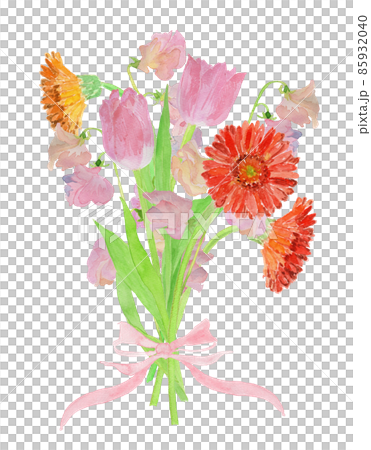 チューリップ、スイトピー、ガーベラの春の花束の水彩イラスト 85932040