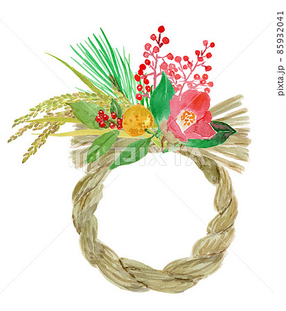松、南天、千両、椿、金柑、稲穗つき正月しめ縄輪飾りの水彩イラスト 85932041
