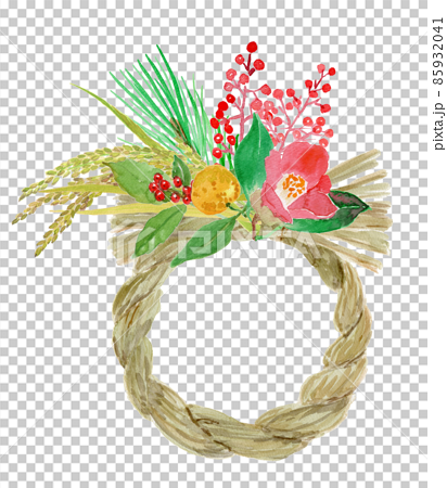 松、南天、千両、椿、金柑、稲穗つき正月しめ縄輪飾りの水彩イラスト 85932041