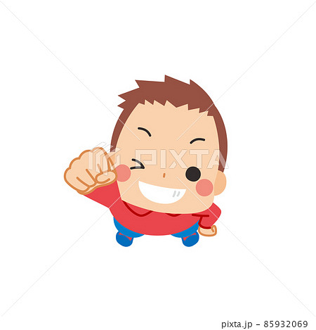 こちらを見上げて拳を突き出している可愛い小さな男の子のイラスト 俯瞰 クリップアート 白背景のイラスト素材