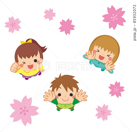こちらを見上げて手を挙げている可愛い小さな子供たちのイラスト　俯瞰　桜　クリップアート　白背景 85932072