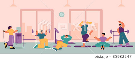 Gym interior with people doing sport exercises 85932247