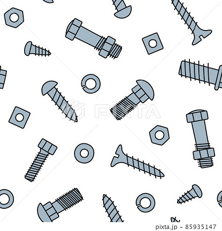 Hand drawn bolts, screws and nuts. Seamless pattern of fasteners in doodle style. Hand drawn building material. Children drawing. Vector illustration on white background 85935147