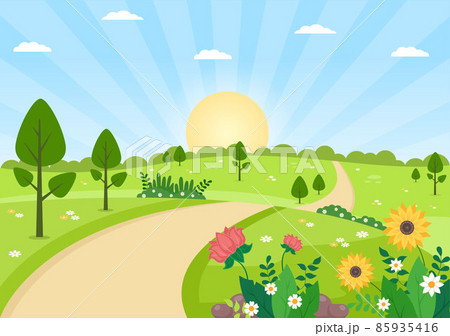 Spring Time Landscape Background with Flowers Season, Rainbow and Plant for Promotions, Magazines, Advertising or Websites. Nature Vector illustration 85935416